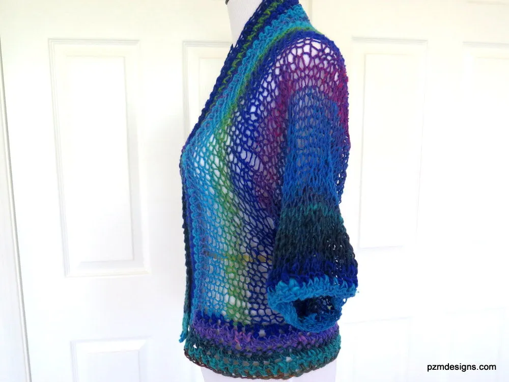 Blue Green Knit Noro Shrug, Luxury Hand Dyed Womens Sweater