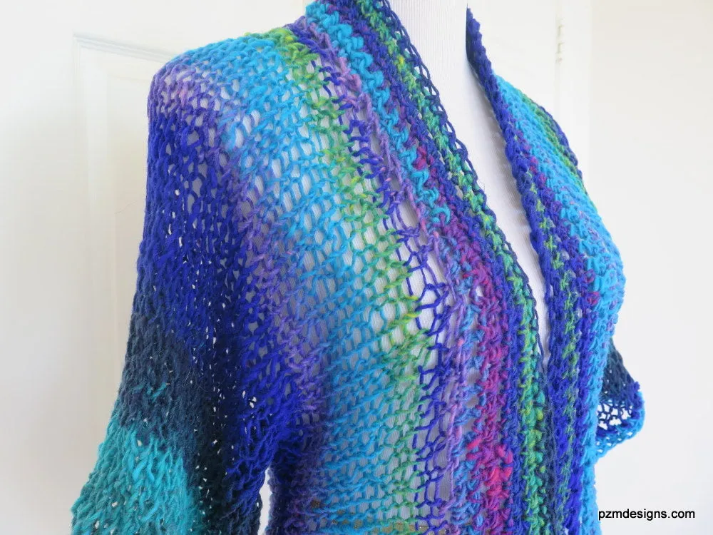 Blue Green Knit Noro Shrug, Luxury Hand Dyed Womens Sweater