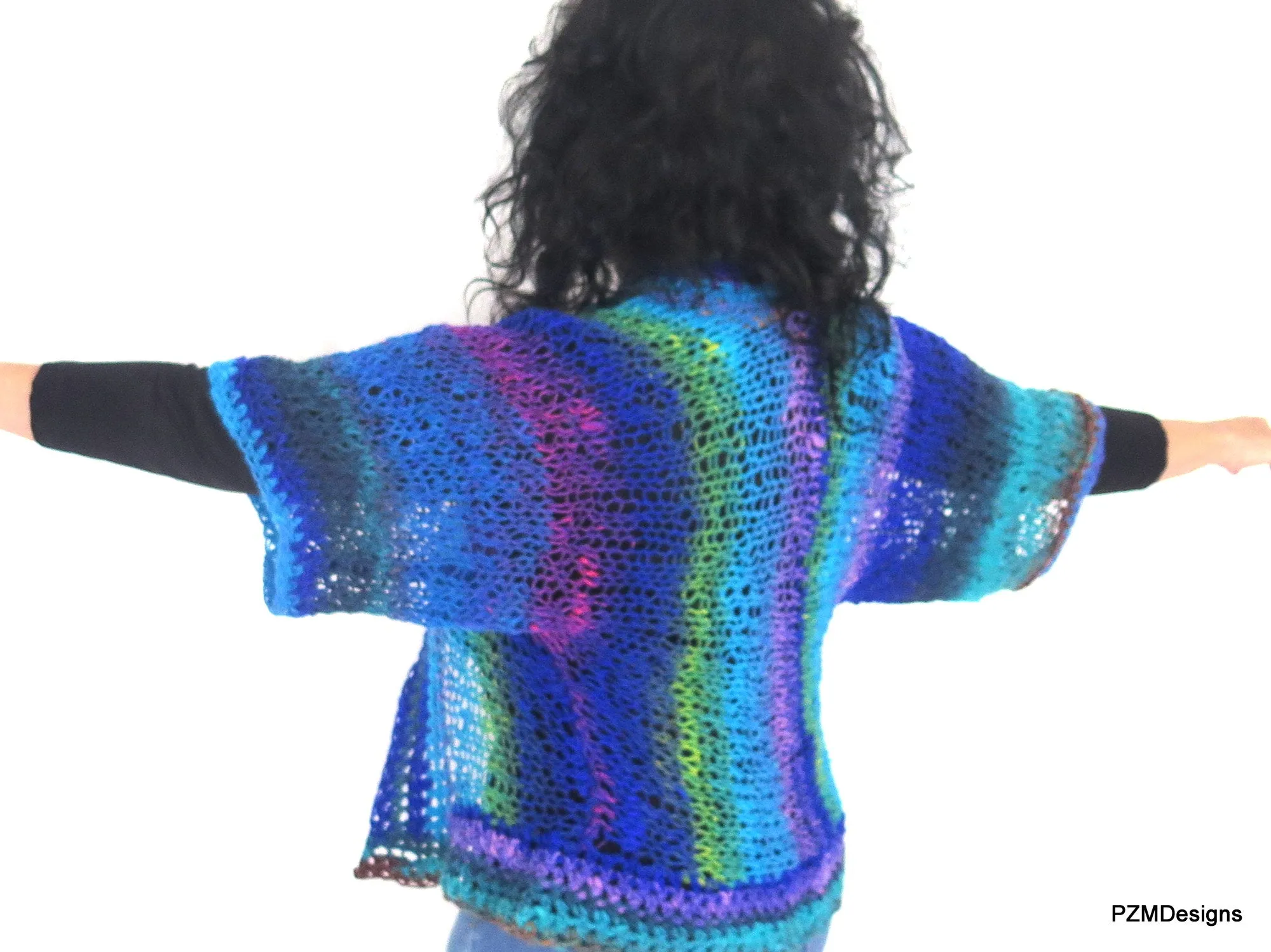 Blue Green Knit Noro Shrug, Luxury Hand Dyed Womens Sweater