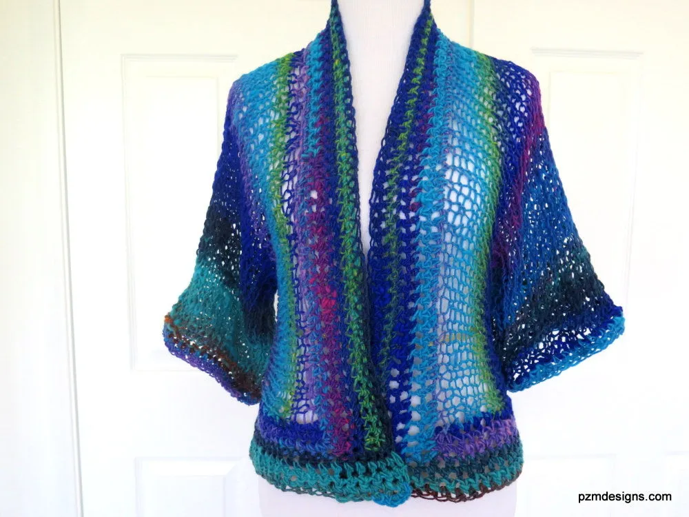 Blue Green Knit Noro Shrug, Luxury Hand Dyed Womens Sweater