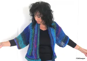 Blue Green Knit Noro Shrug, Luxury Hand Dyed Womens Sweater