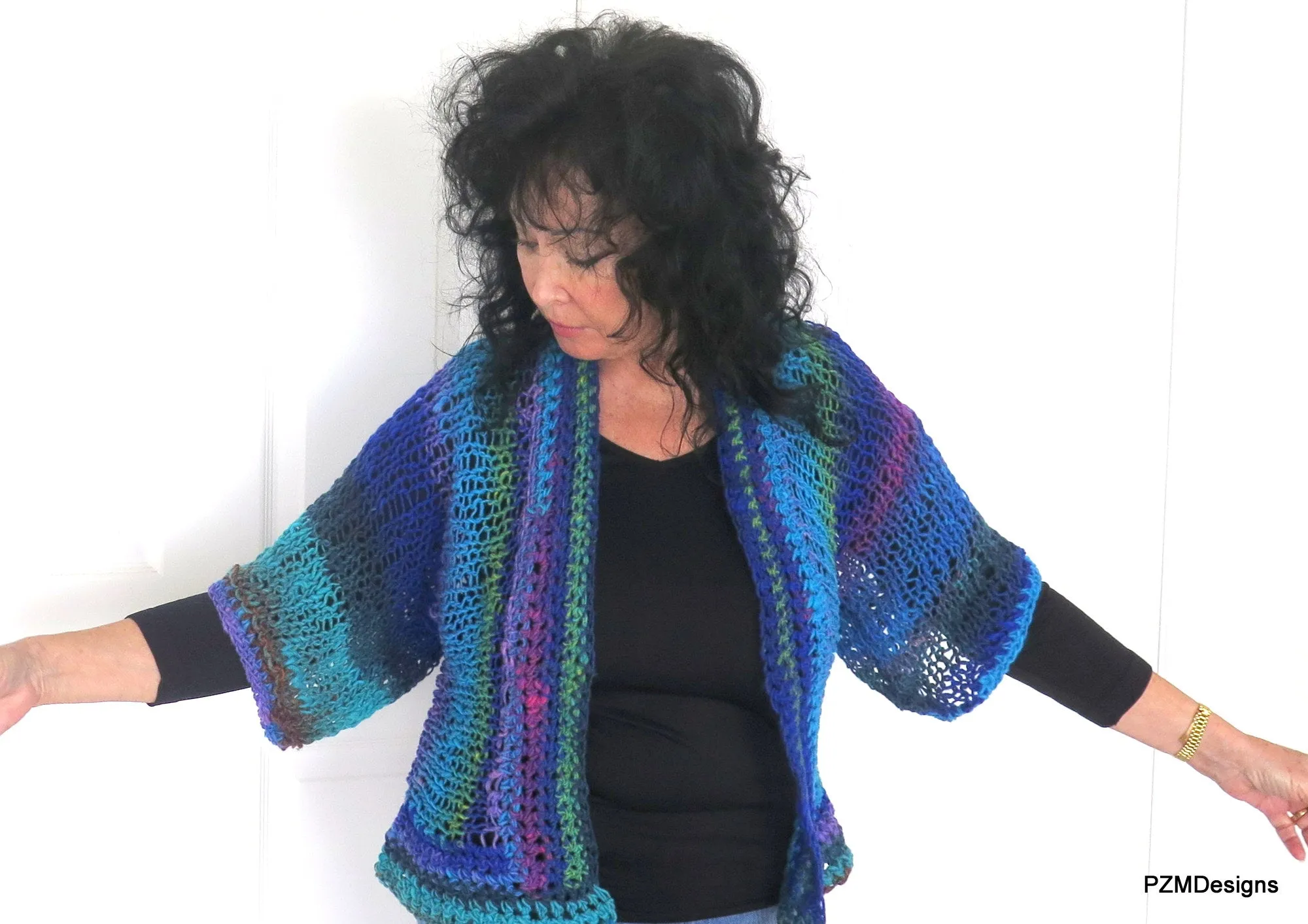 Blue Green Knit Noro Shrug, Luxury Hand Dyed Womens Sweater