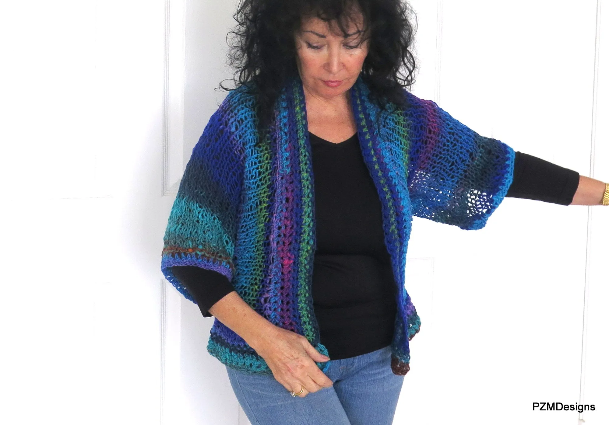 Blue Green Knit Noro Shrug, Luxury Hand Dyed Womens Sweater