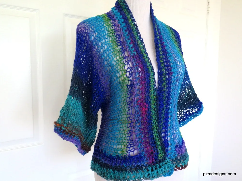 Blue Green Knit Noro Shrug, Luxury Hand Dyed Womens Sweater