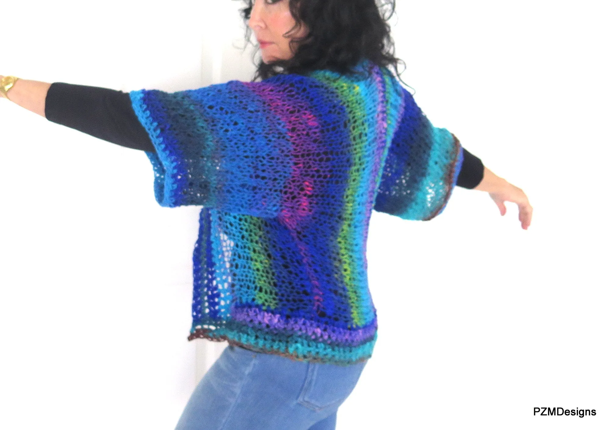 Blue Green Knit Noro Shrug, Luxury Hand Dyed Womens Sweater