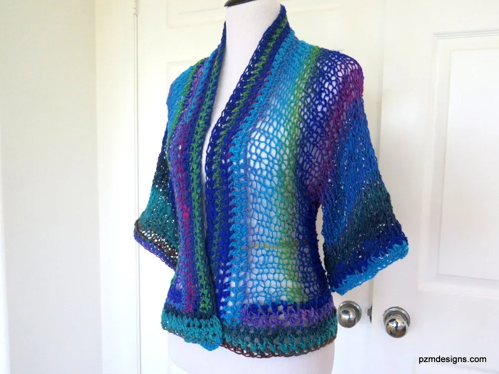 Blue Green Knit Noro Shrug, Luxury Hand Dyed Womens Sweater