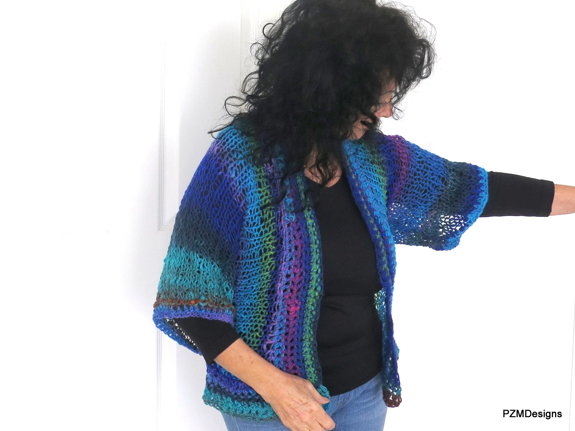 Blue Green Knit Noro Shrug, Luxury Hand Dyed Womens Sweater