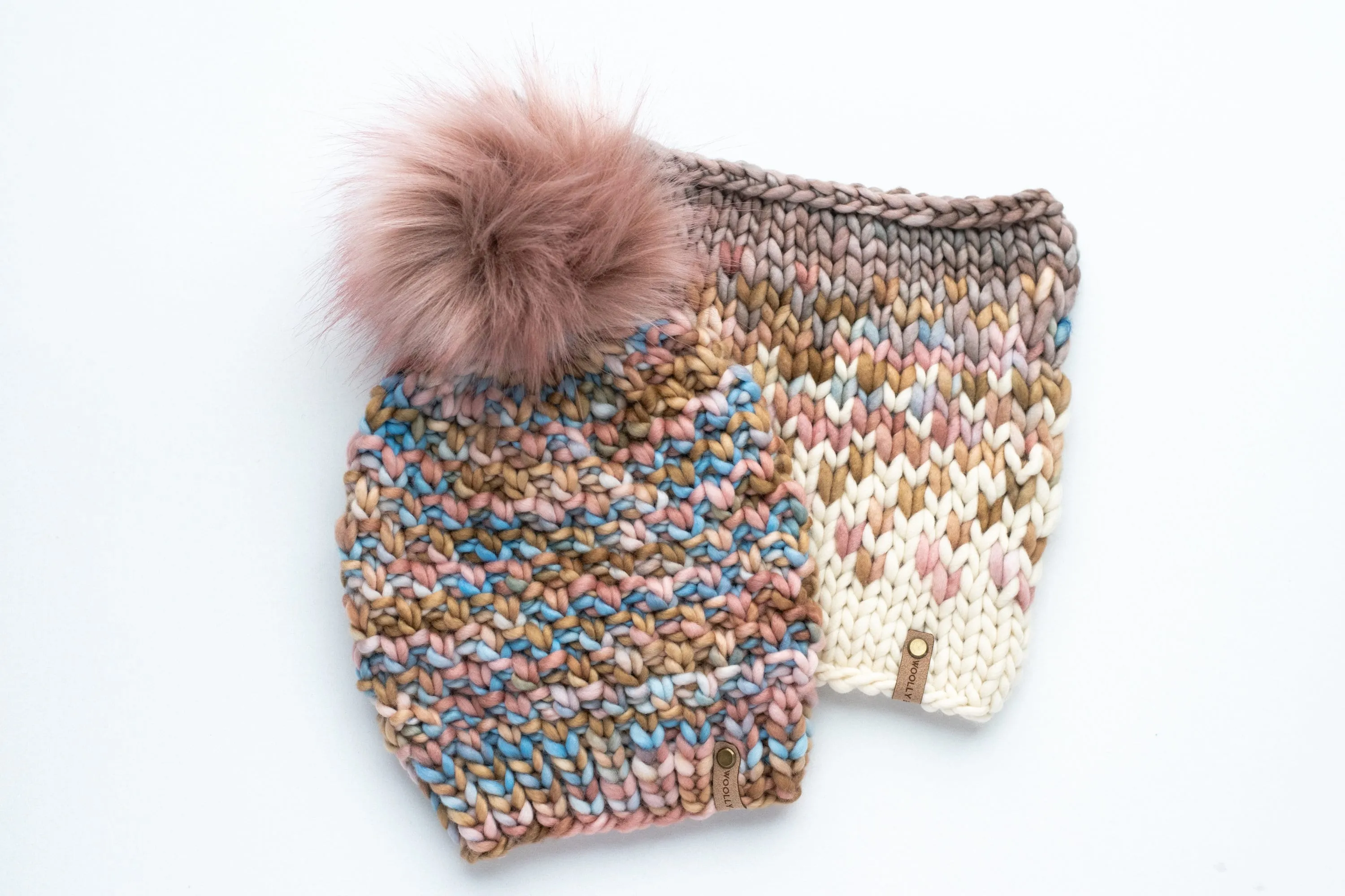 Blush Pink, Blue, & Brown Merino Wool Knit Hat with Faux Fur Pom Pom - Hand-Dyed Yarn