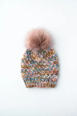 Blush Pink, Blue, & Brown Merino Wool Knit Hat with Faux Fur Pom Pom - Hand-Dyed Yarn