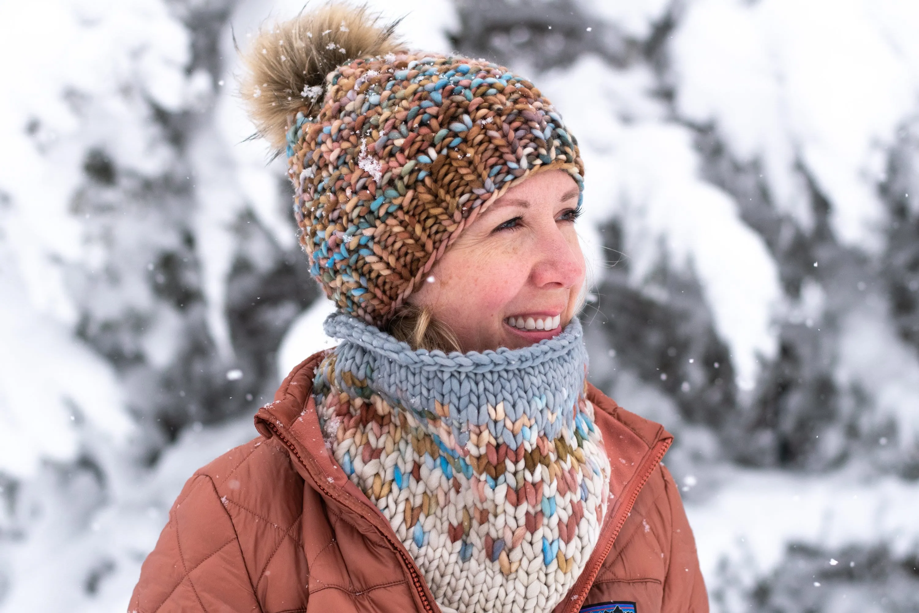 Blush Pink, Blue, & Brown Merino Wool Knit Hat with Faux Fur Pom Pom - Hand-Dyed Yarn