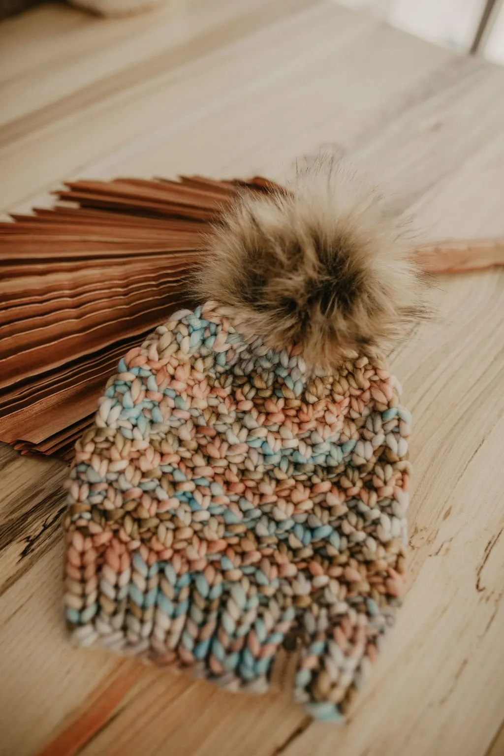 Blush Pink, Blue, & Brown Merino Wool Knit Hat with Faux Fur Pom Pom - Hand-Dyed Yarn