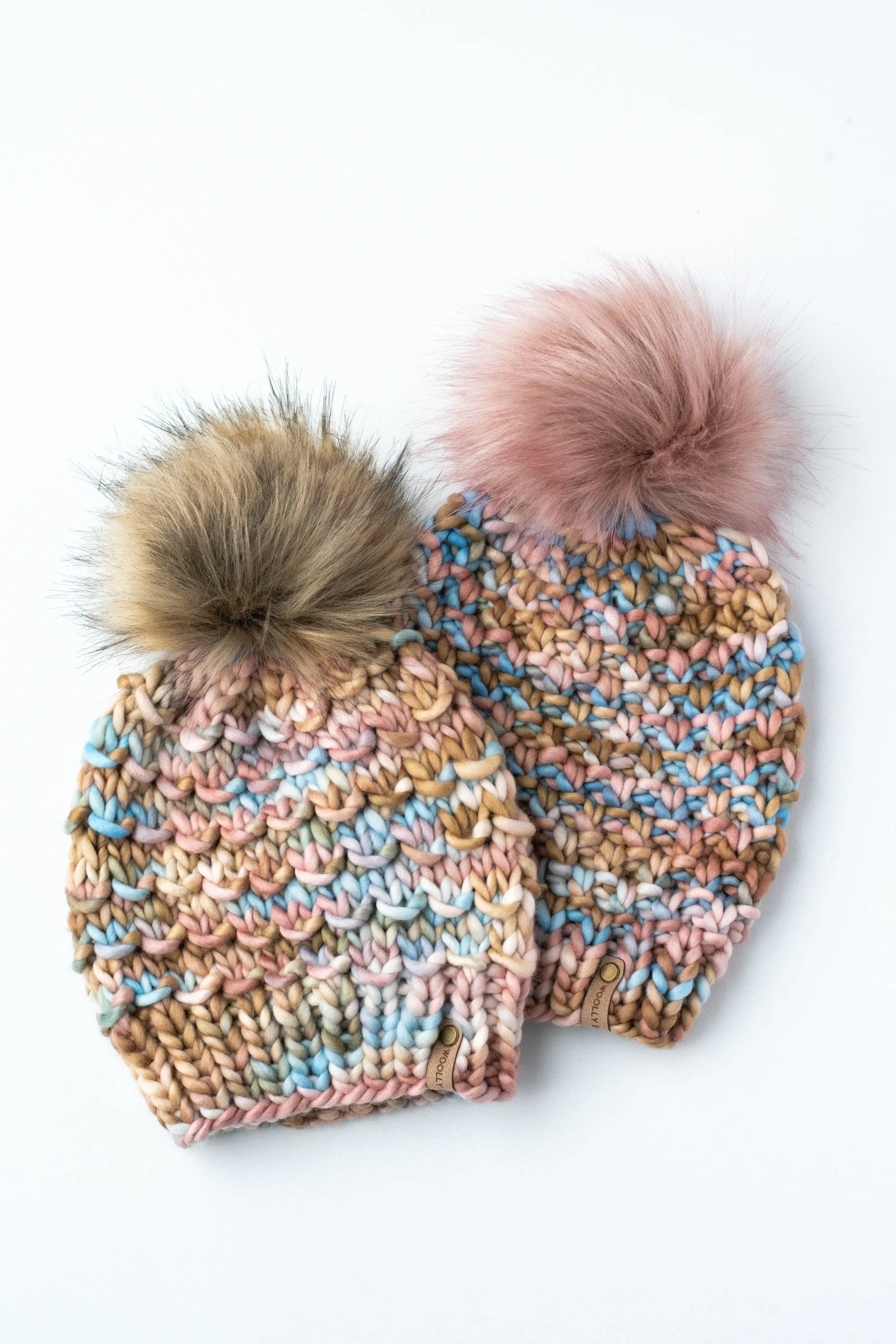 Blush Pink, Blue, & Brown Merino Wool Knit Hat with Faux Fur Pom Pom - Hand-Dyed Yarn