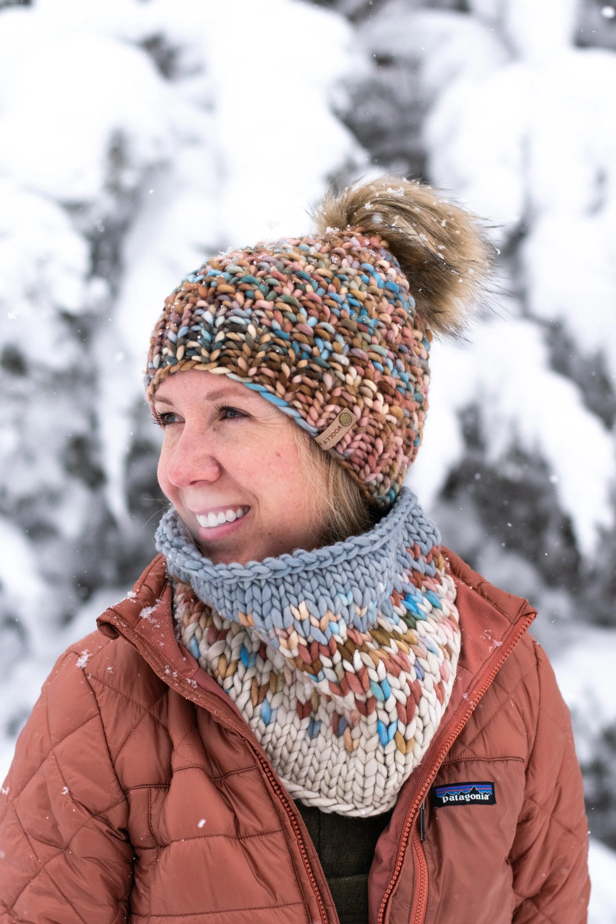 Blush Pink, Blue, & Brown Merino Wool Knit Hat with Faux Fur Pom Pom - Hand-Dyed Yarn