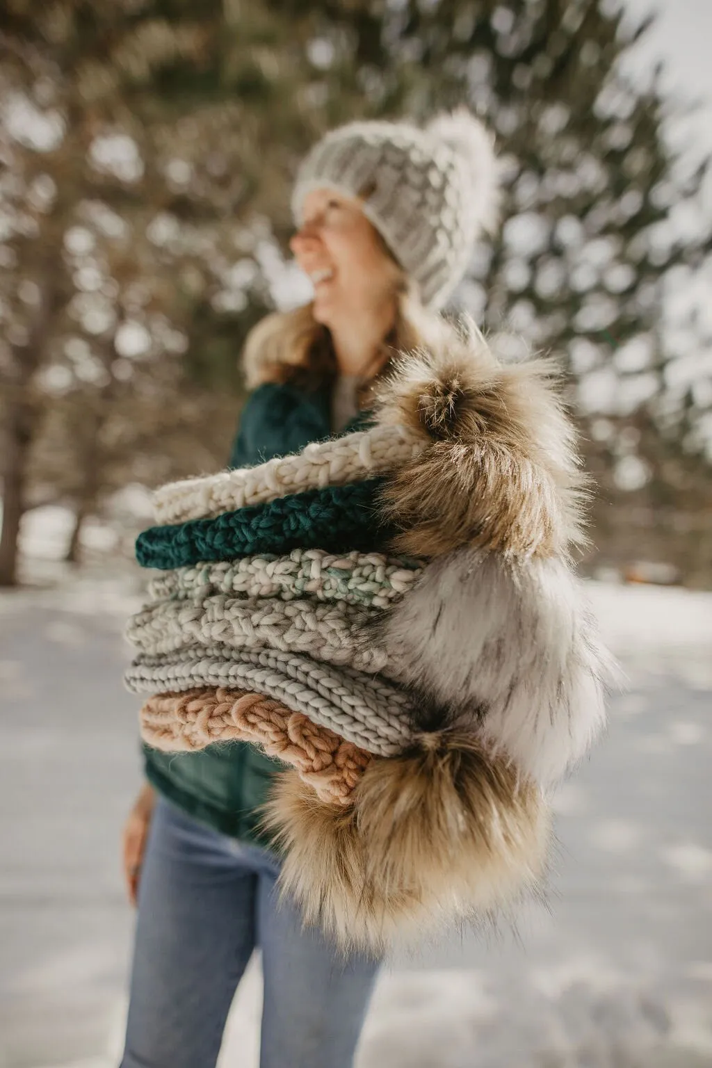 Blush Pink Peruvian Wool Knit Hat with Faux Fur Pom Pom