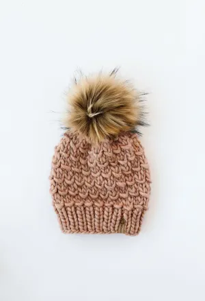 Blush Pink Peruvian Wool Knit Hat with Faux Fur Pom Pom