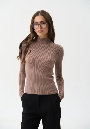 Brown Rib Knit Turtleneck Sweater