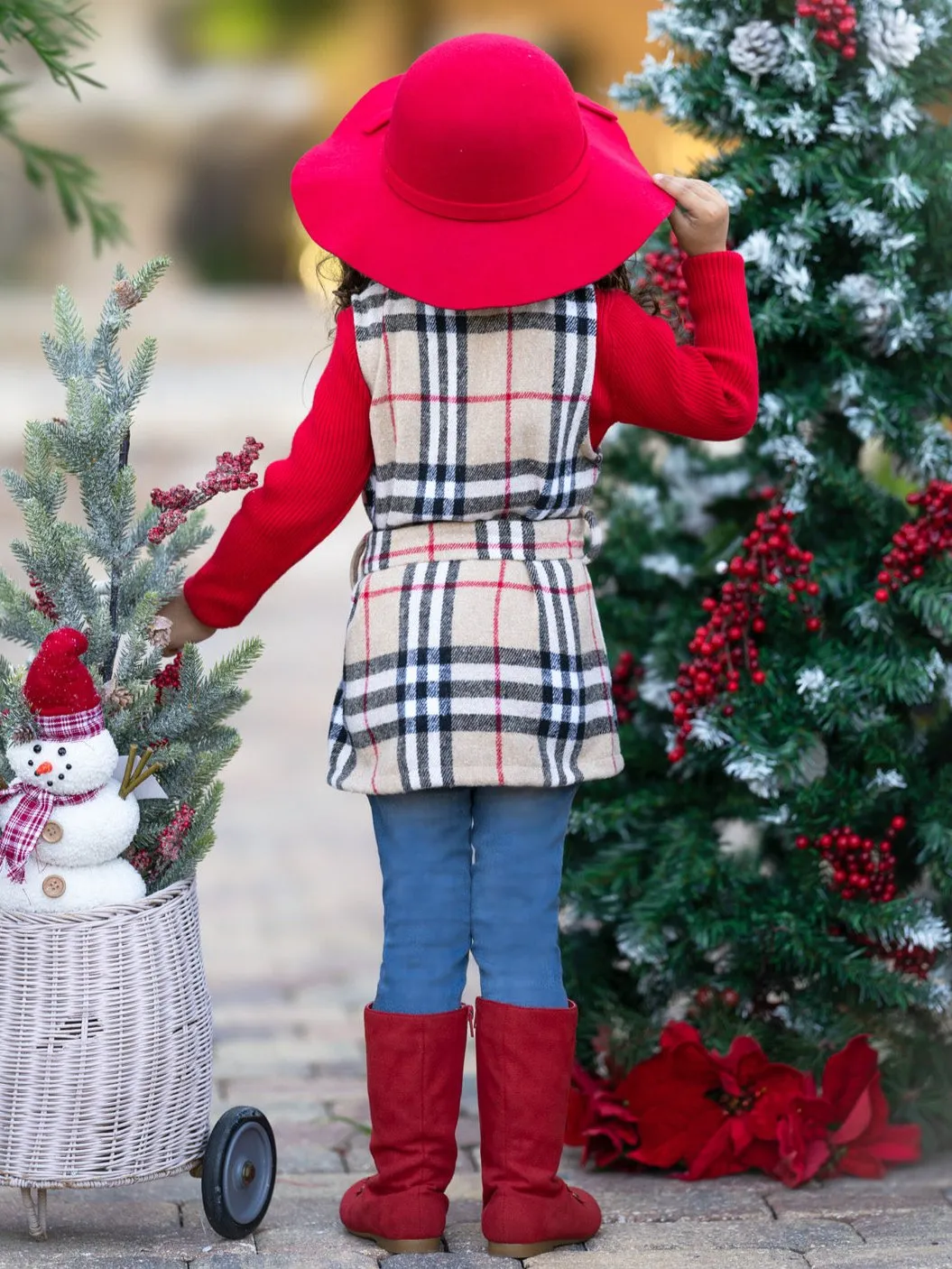 Chic Cozy Tan Plaid Belted Vest and Red Turtleneck Top Set