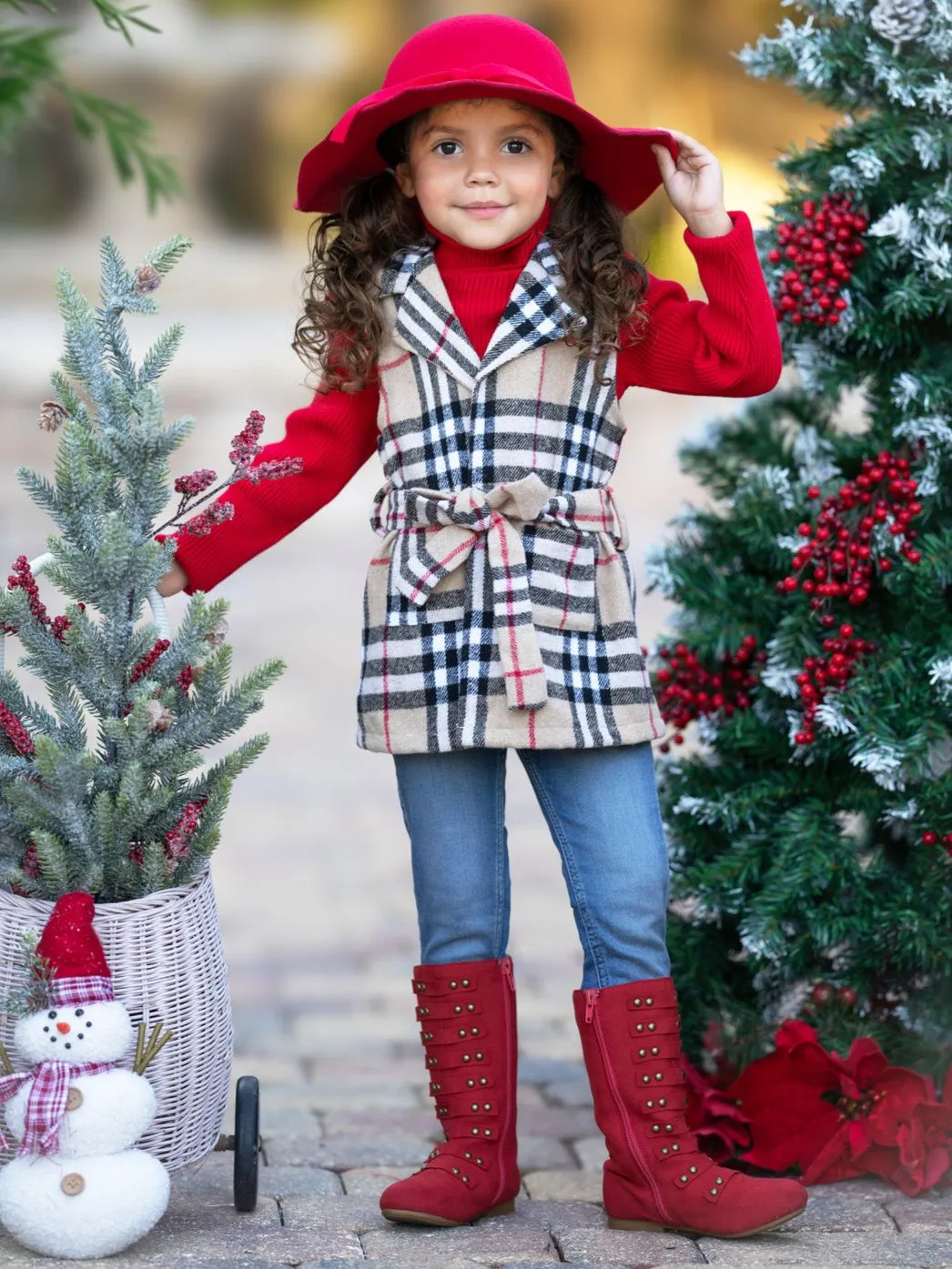 Chic Cozy Tan Plaid Belted Vest and Red Turtleneck Top Set