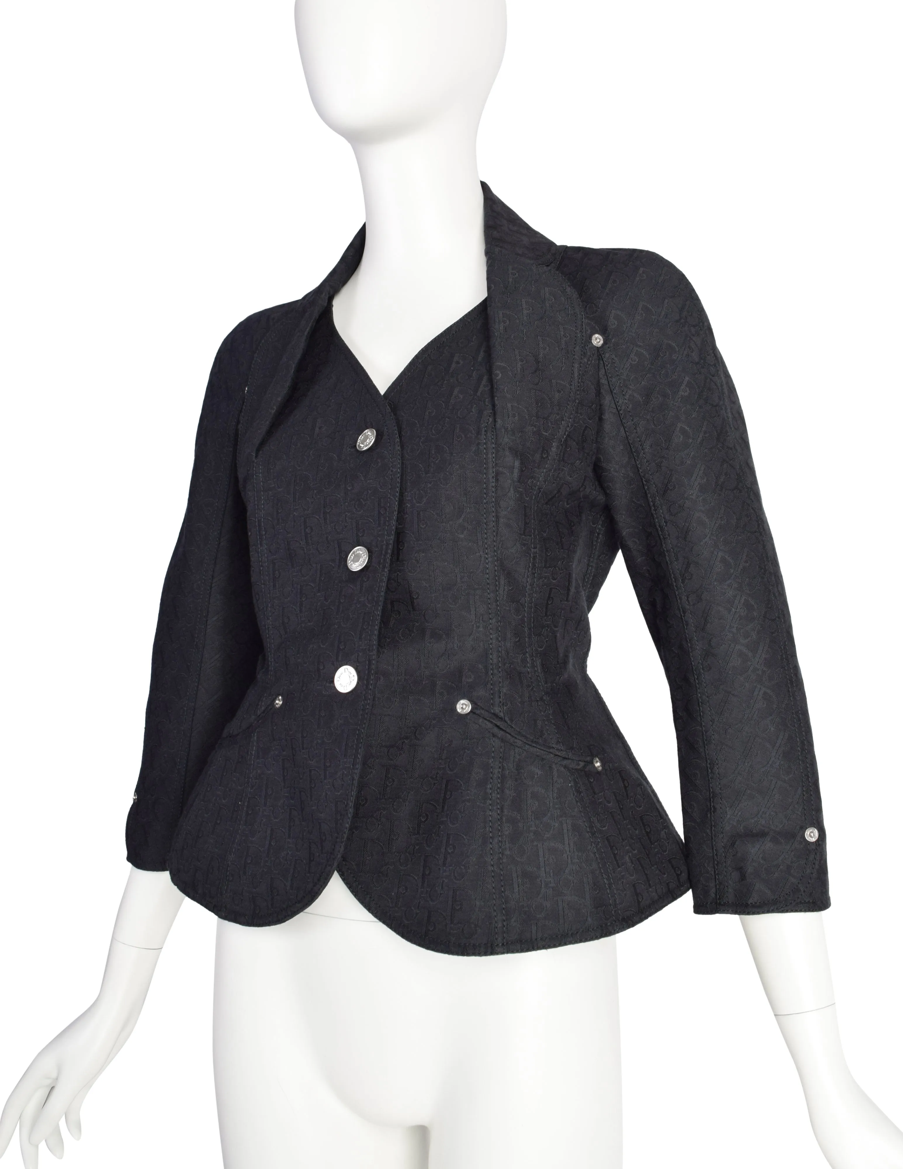 Christian Dior Vintage SS 2005 by John Galliano Black Tonal Oblique Monogram Jacquard Padded Hip Bar Jacket