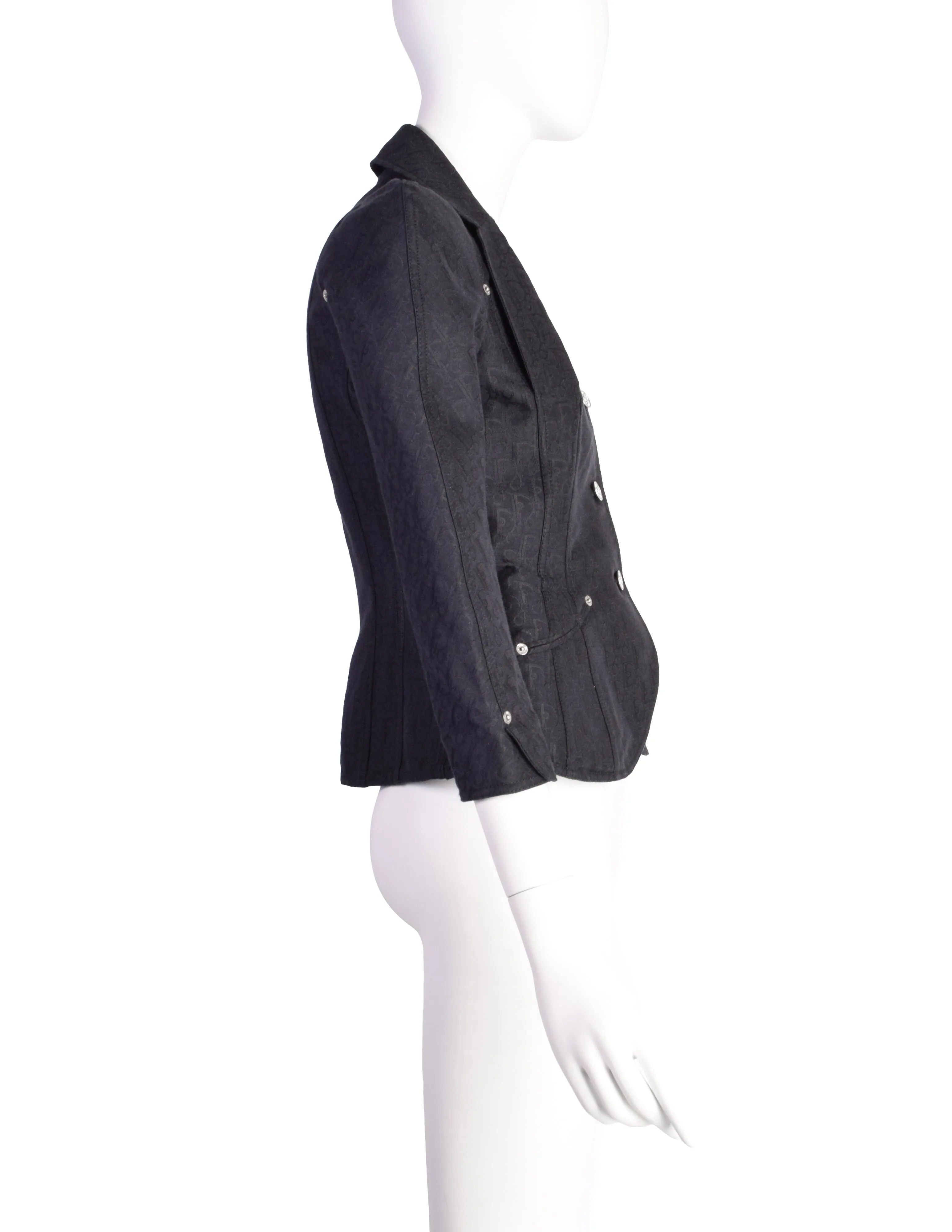 Christian Dior Vintage SS 2005 by John Galliano Black Tonal Oblique Monogram Jacquard Padded Hip Bar Jacket