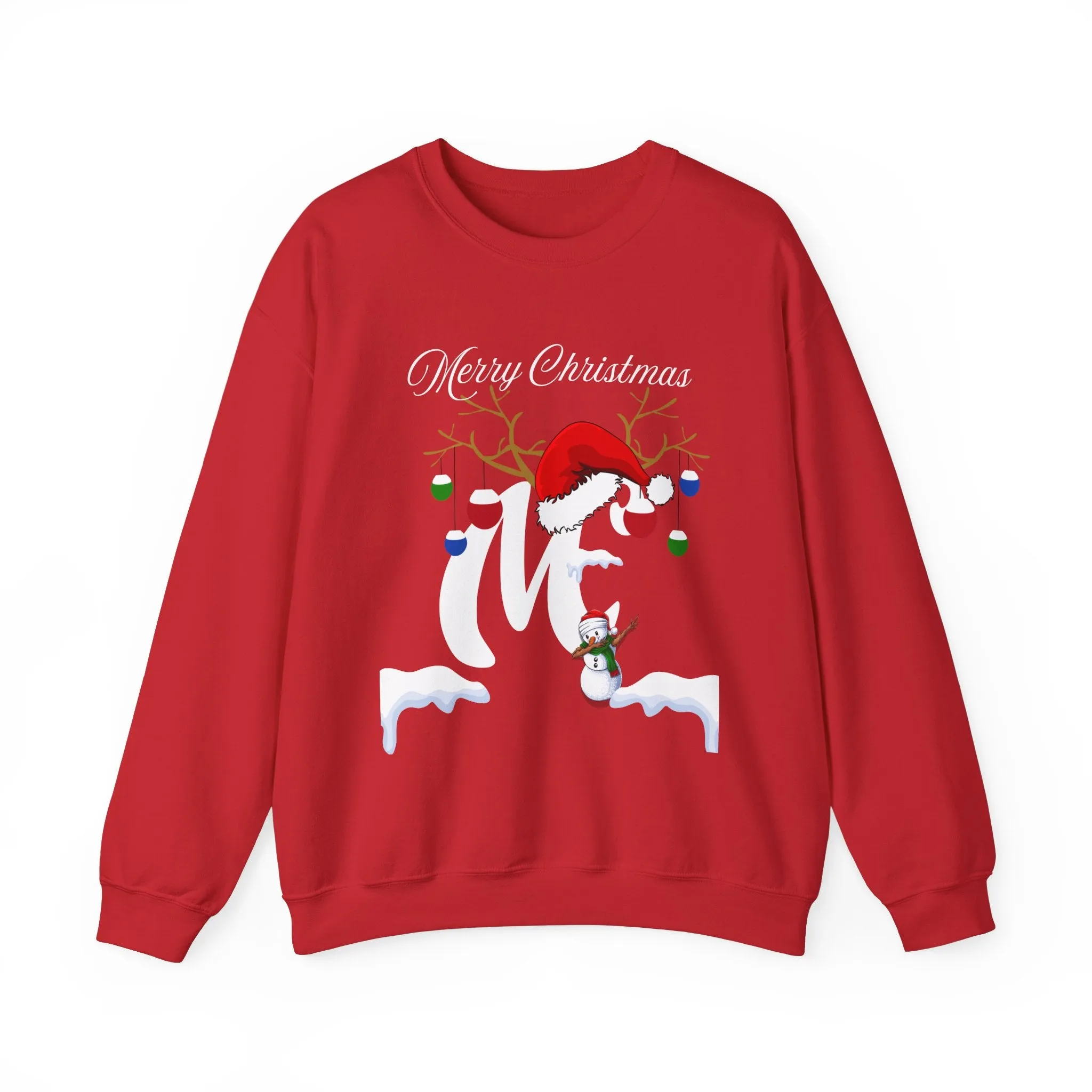 Christmas Snowflake Holiday Crewneck Sweatshirt, Xmas Winter Santa Hat Jumper, Festive Mistletoe Antler Branches, Unisex Heavy Blend -Initial "M"