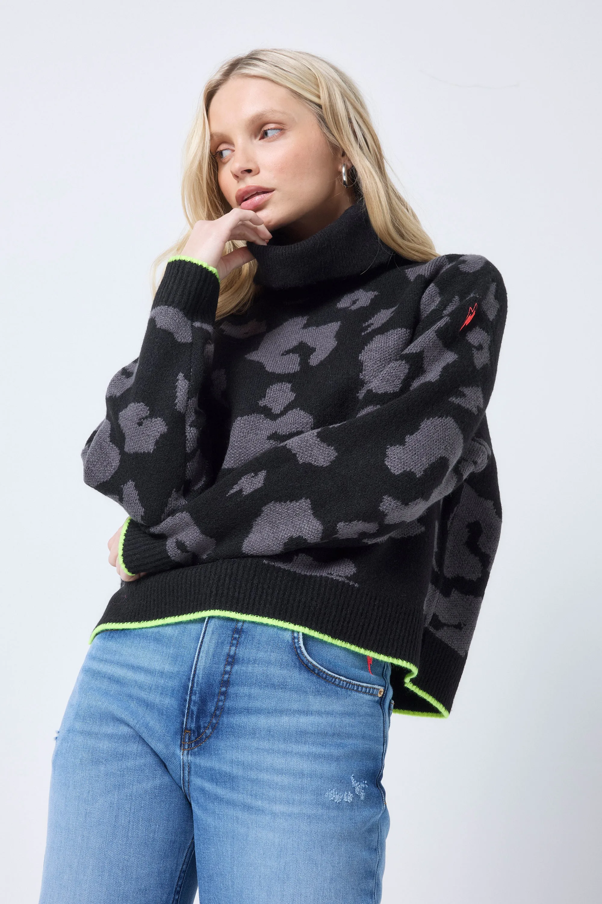 COMING SOON: Black with Grey Mega Leopard Turtleneck Knitted Jumper