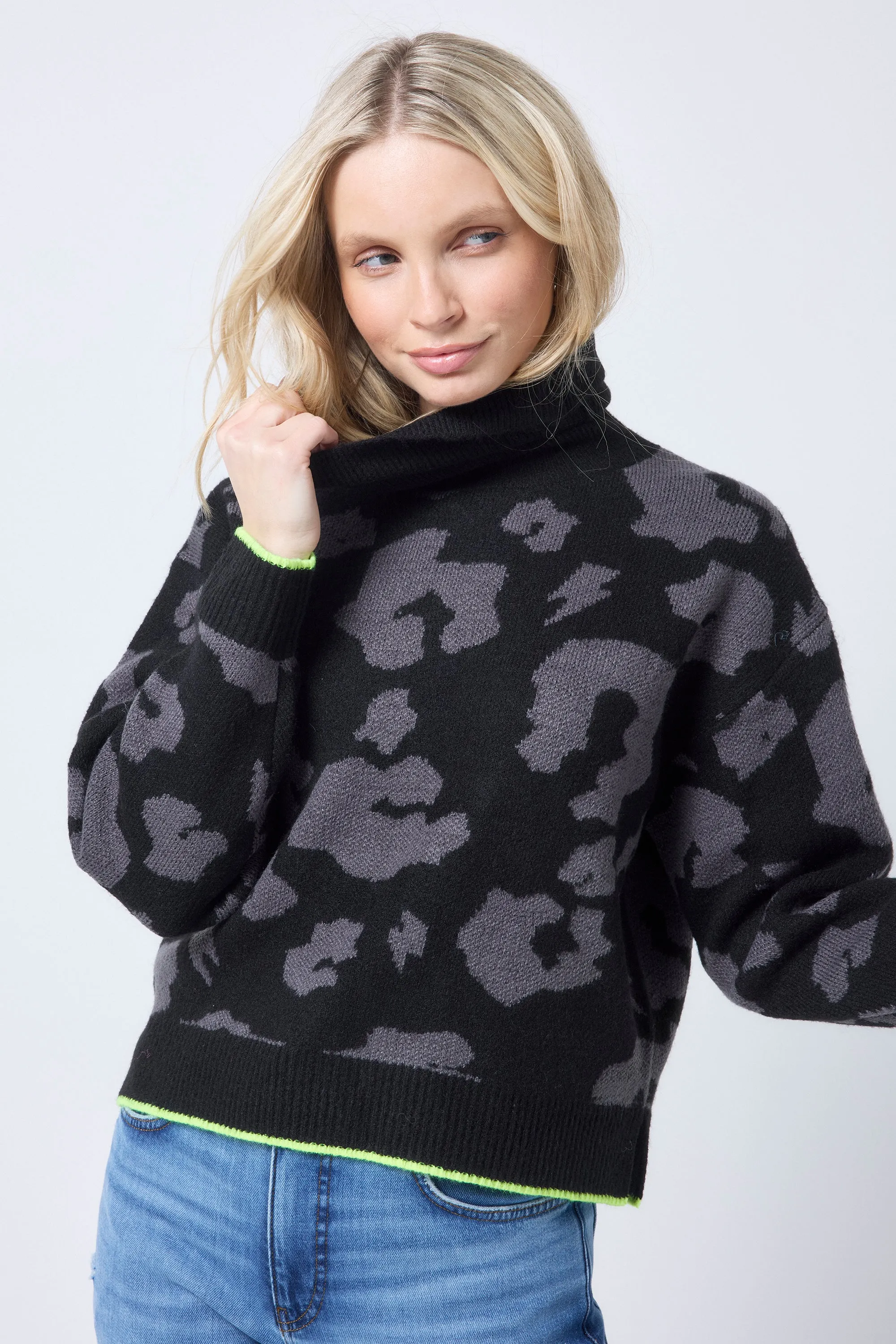 COMING SOON: Black with Grey Mega Leopard Turtleneck Knitted Jumper