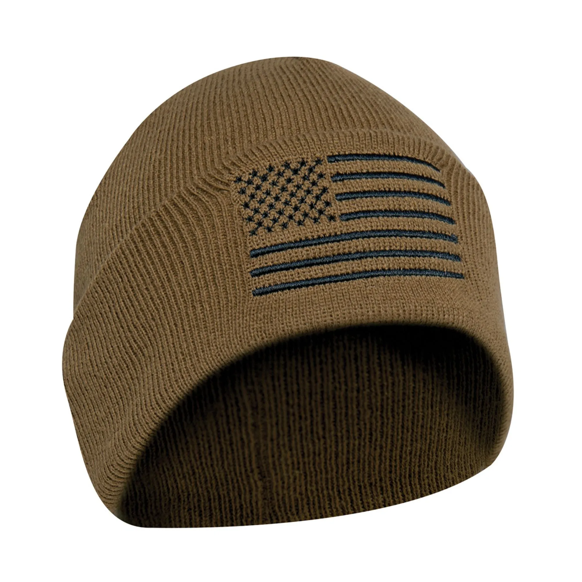 Coyote Brown US Flag Embroidered Fine Knit Watch Cap Beanie Hat