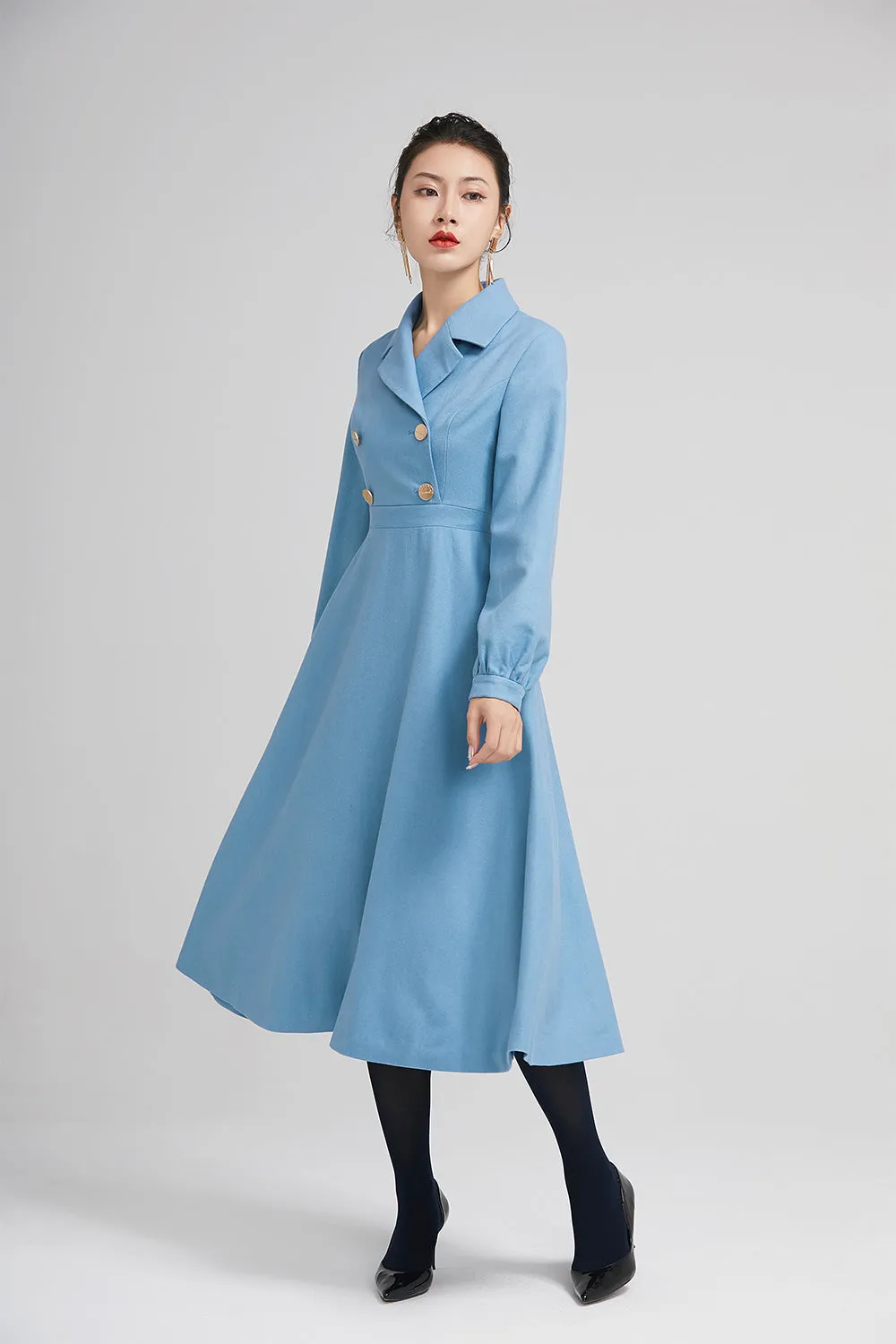 elegant blue wool winter dress with double breasted 2231