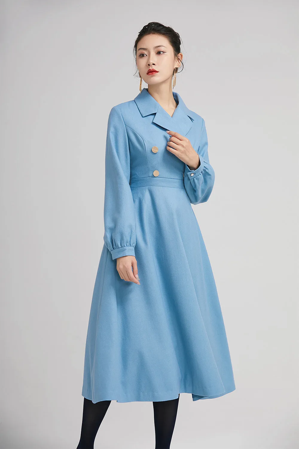 elegant blue wool winter dress with double breasted 2231