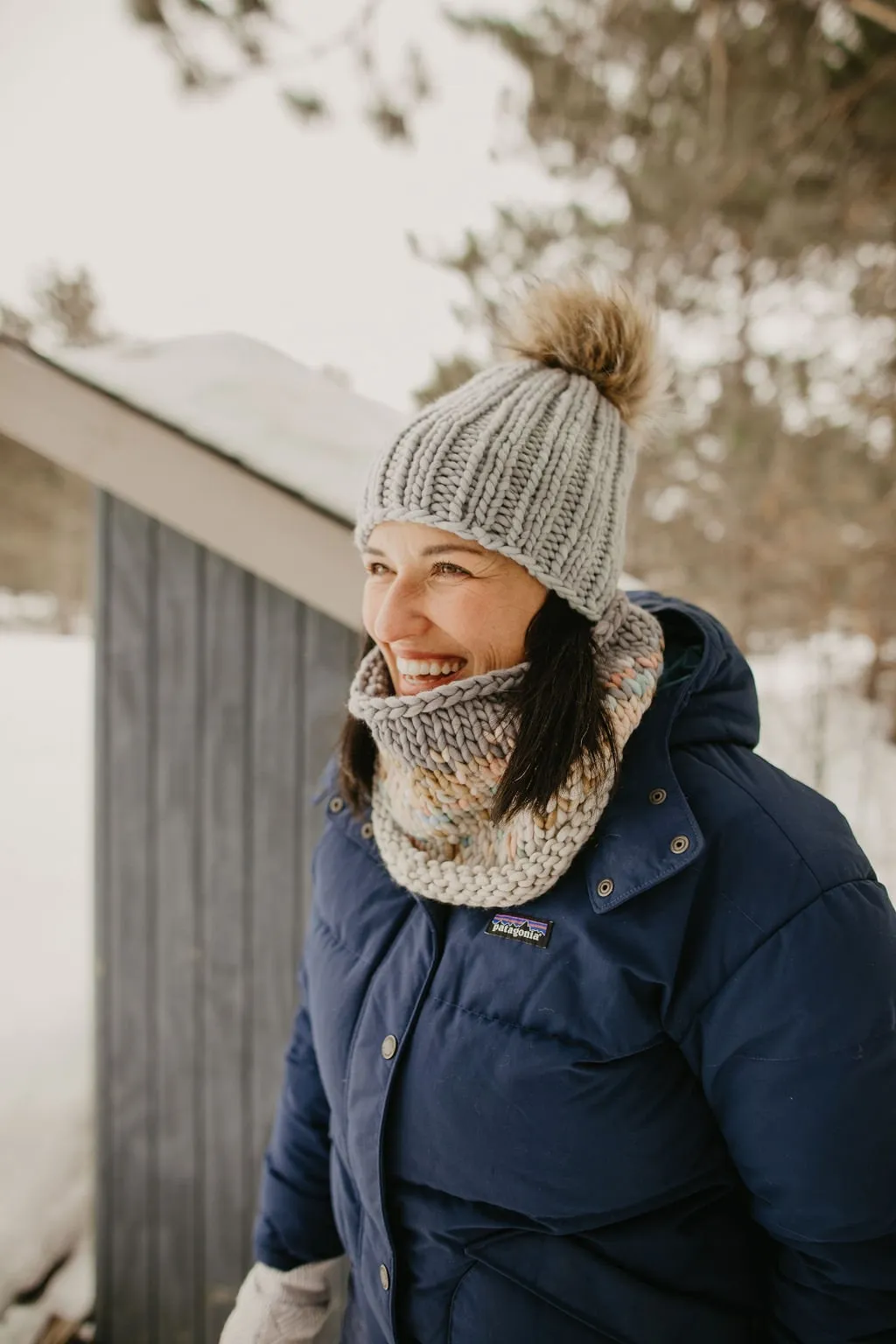 Gray Merino Wool Knit Hat with Faux Fur Pom Pom