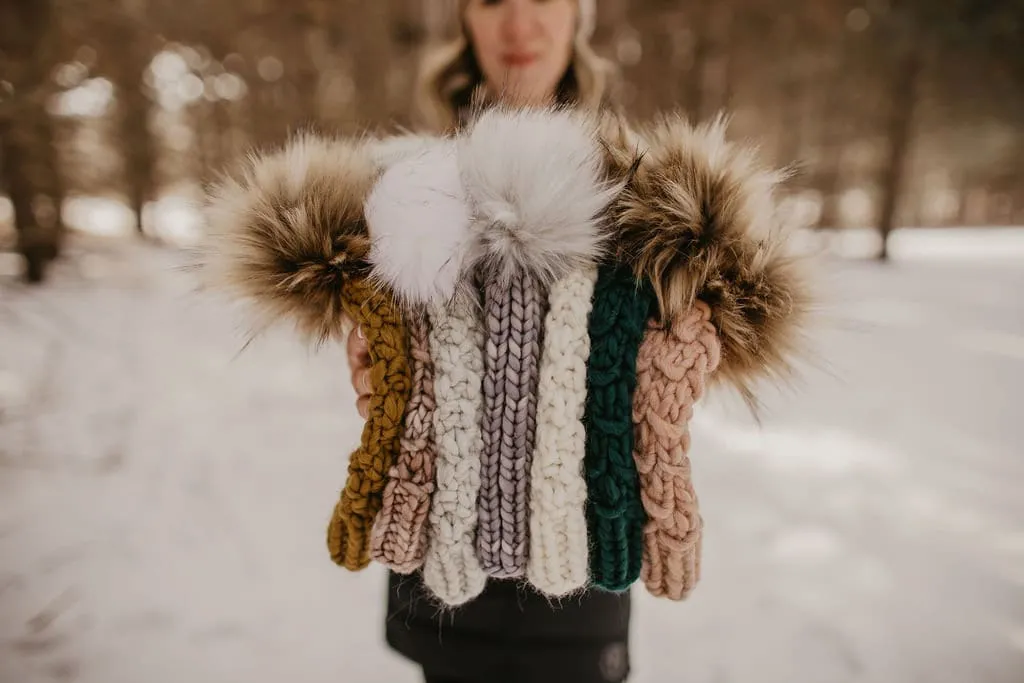 Gray Merino Wool Knit Hat with Faux Fur Pom Pom