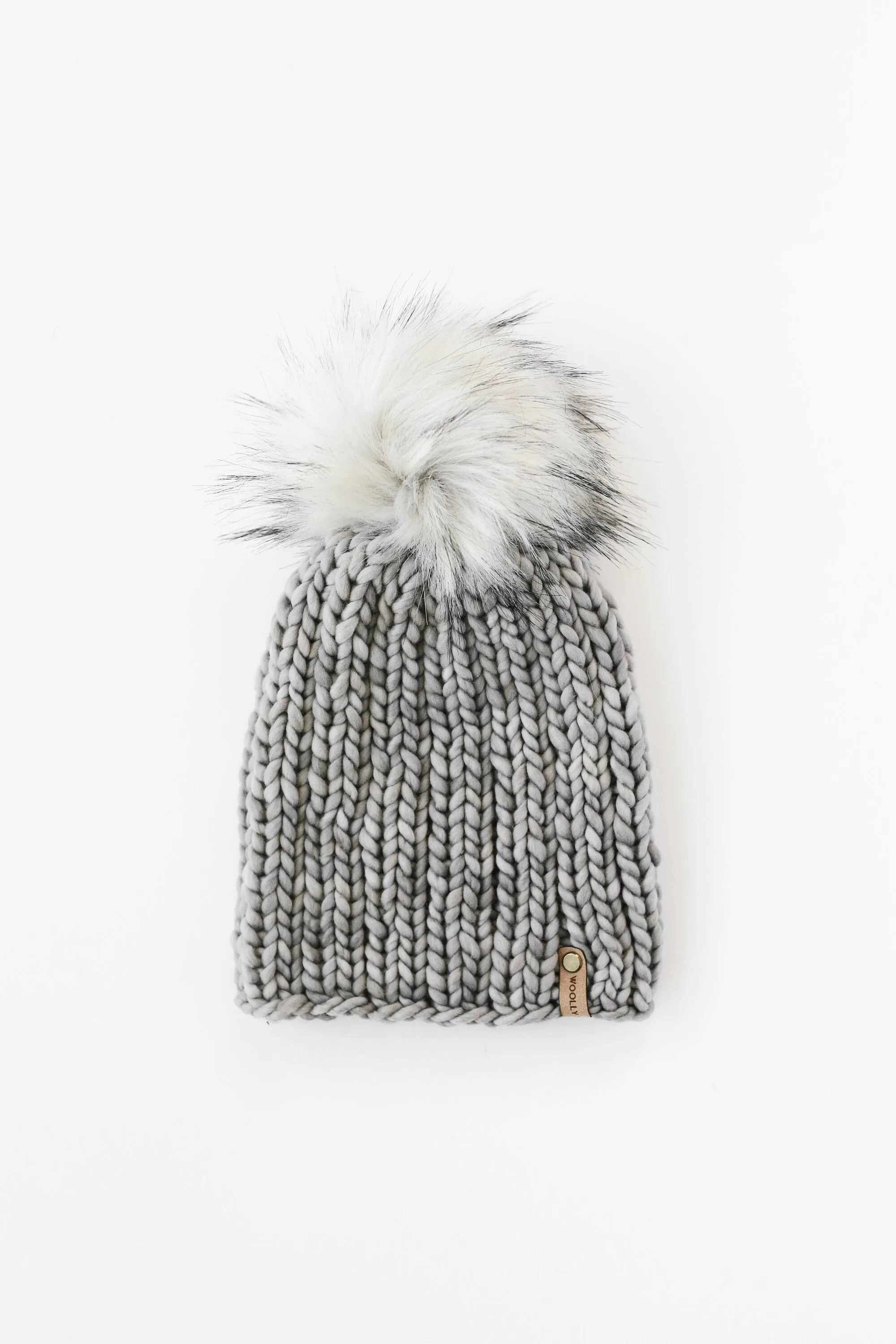 Gray Merino Wool Knit Hat with Faux Fur Pom Pom