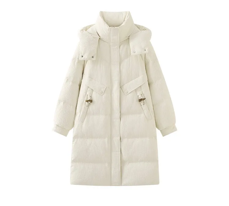 Hooded Horn Button Down Jacket Women's Loose White Duck Down Thick Jacket Winter