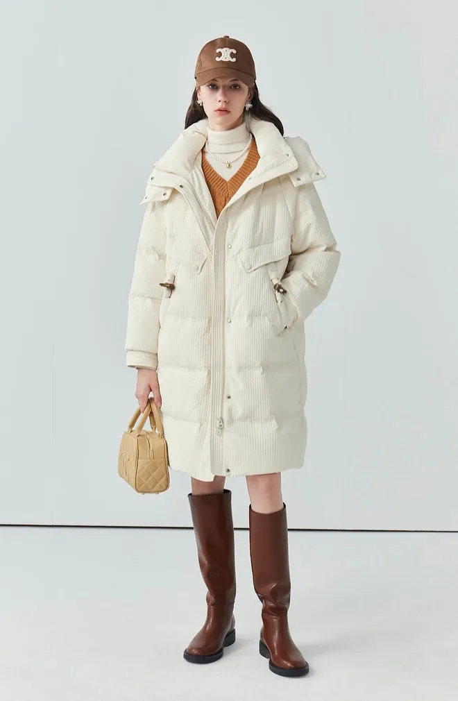 Hooded Horn Button Down Jacket Women's Loose White Duck Down Thick Jacket Winter