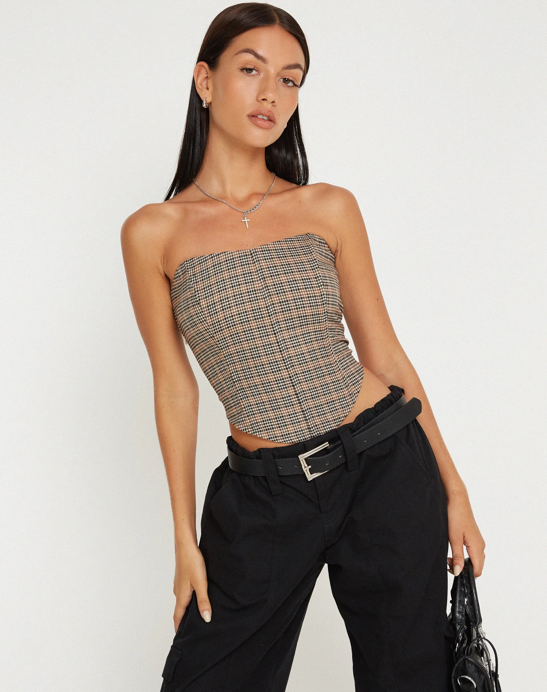 Kayashi Corset Top in Micro Brown Check