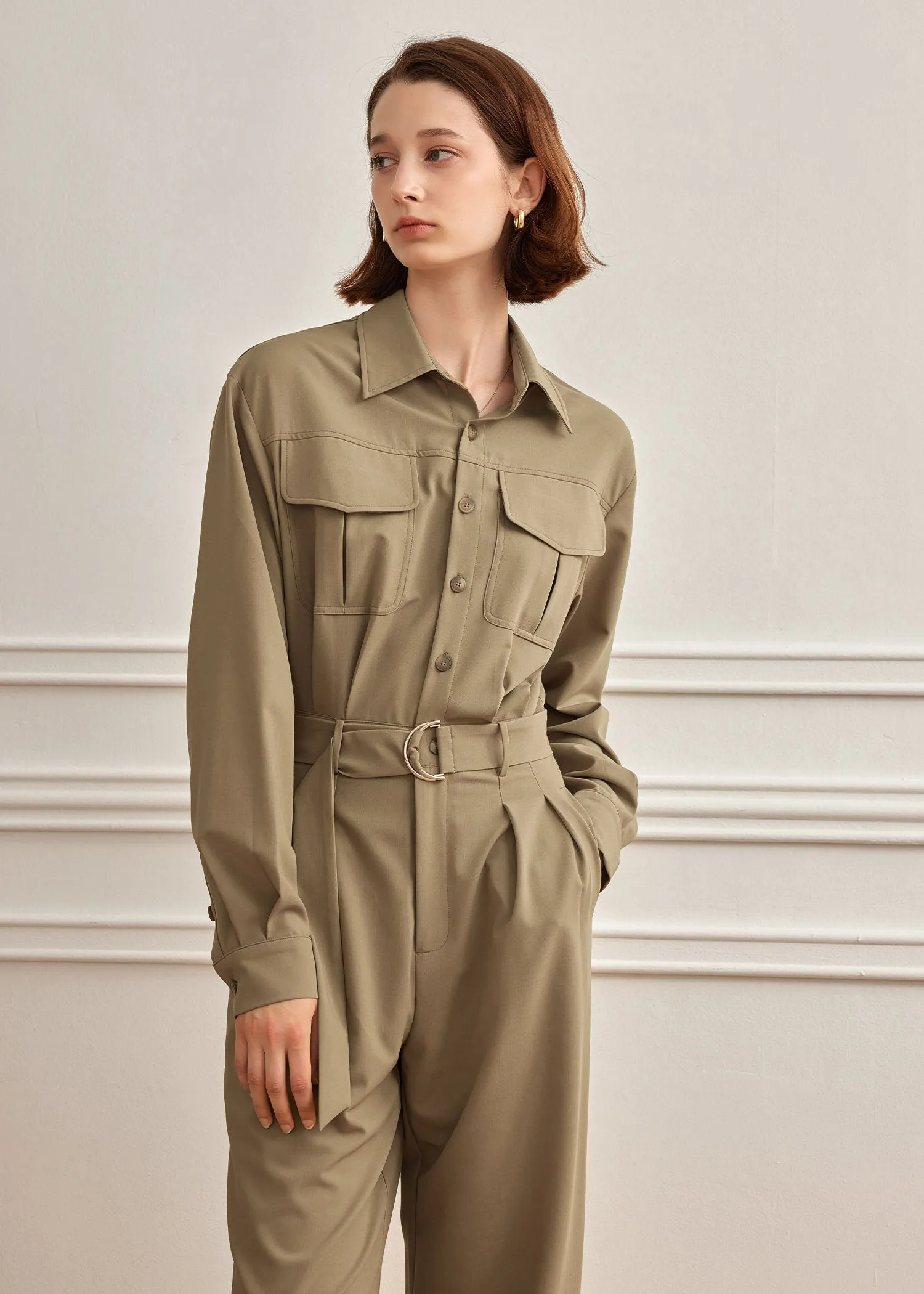 Khaki Utility Pocket Long Sleeve Jumpsuit