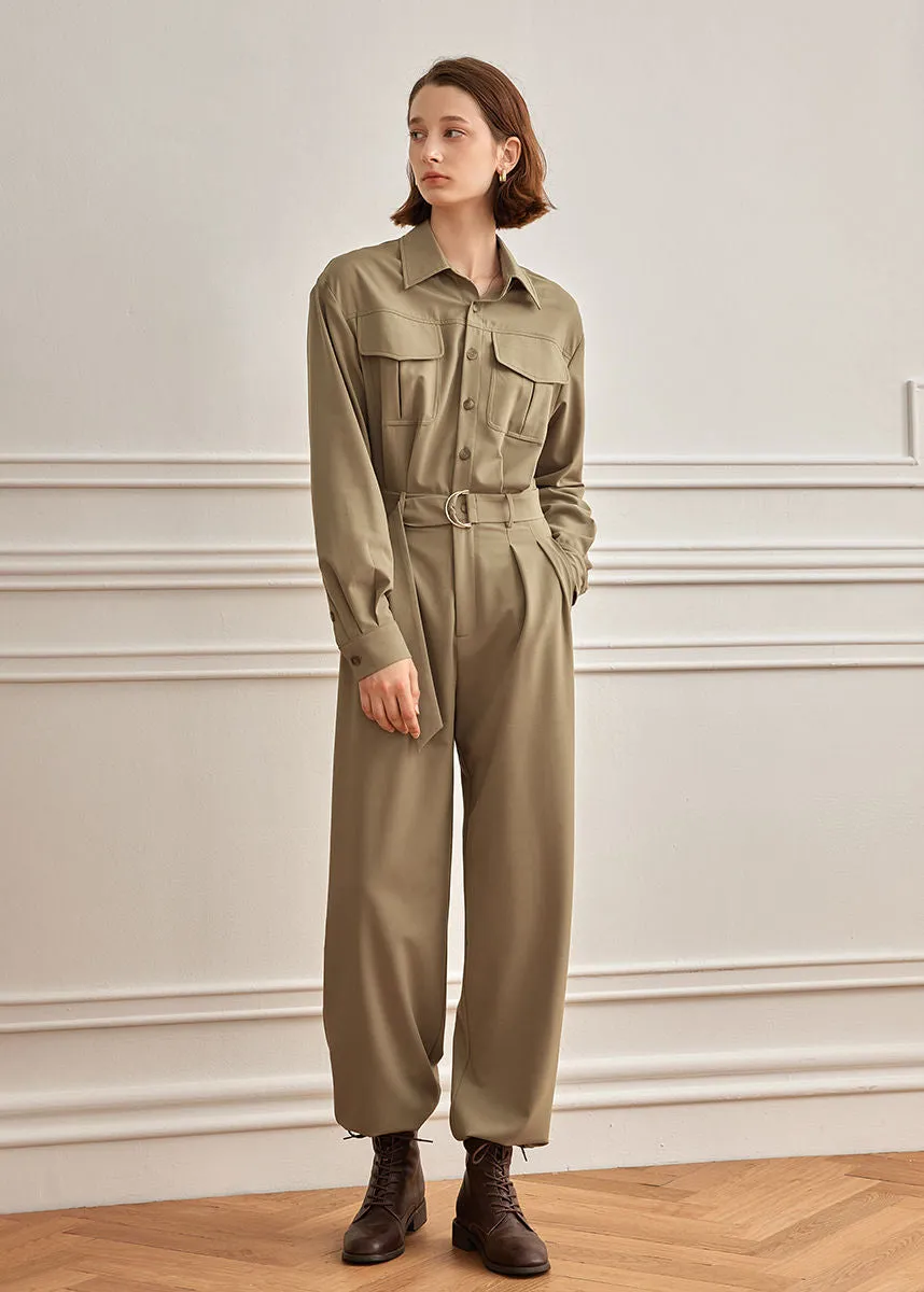 Khaki Utility Pocket Long Sleeve Jumpsuit