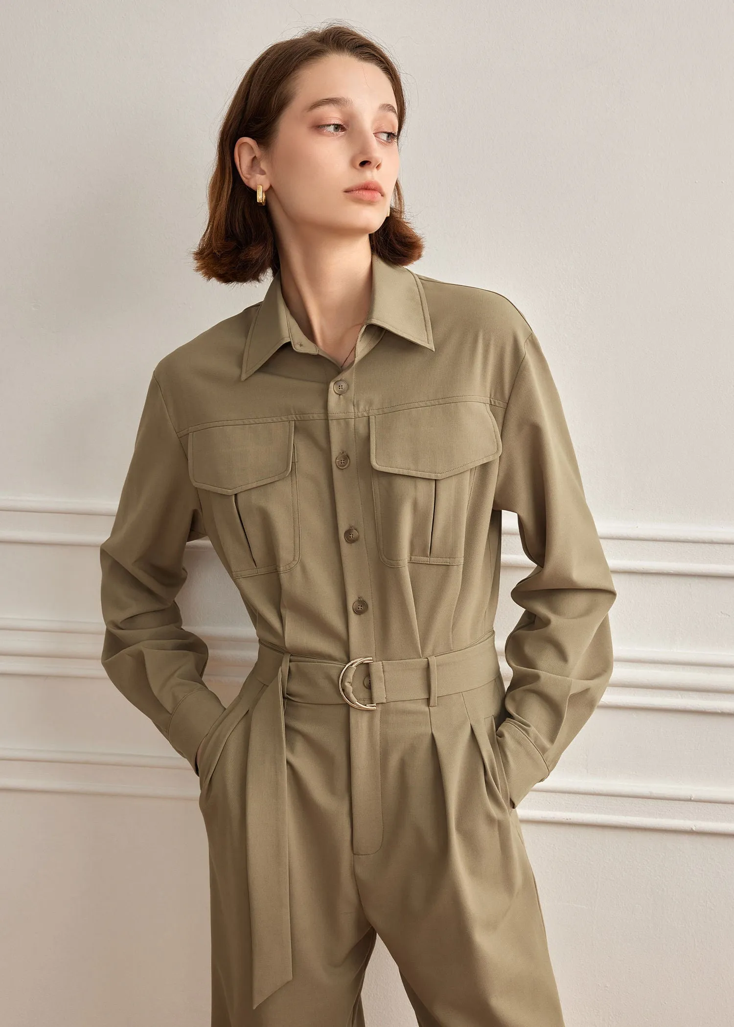 Khaki Utility Pocket Long Sleeve Jumpsuit