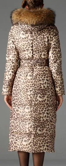 Leopard Print Down Coat with Fur Trim Hood