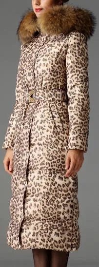 Leopard Print Down Coat with Fur Trim Hood