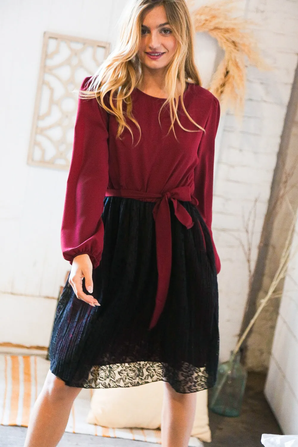 Maroon & Black Lace Overlay Sash Tie Dress (Open Pack)