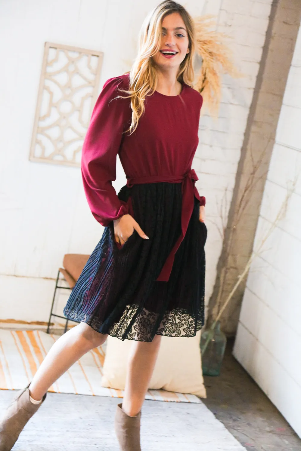 Maroon & Black Lace Overlay Sash Tie Dress (Open Pack)