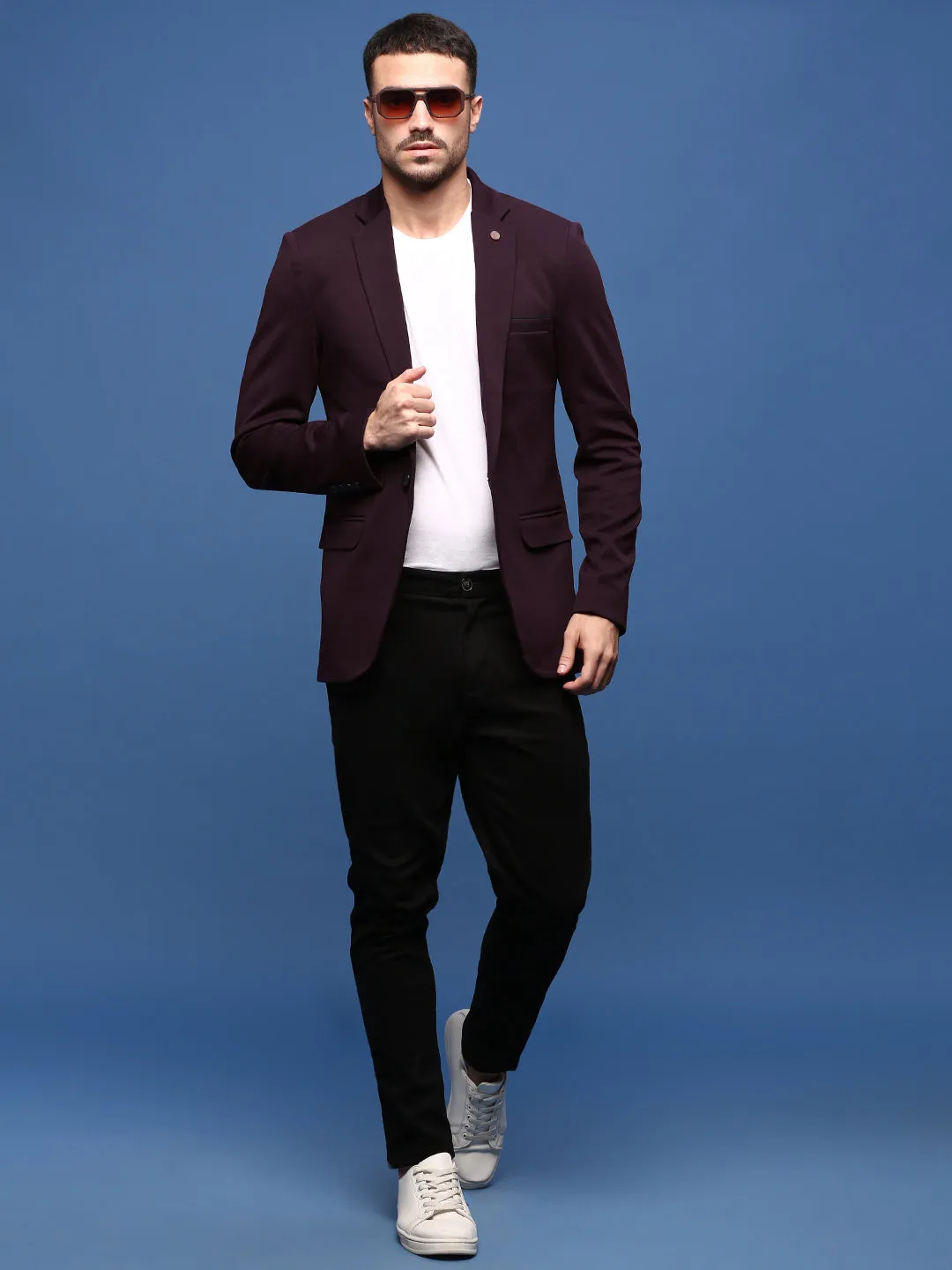 Men Purple Slim Fit Single Breasted Blazer