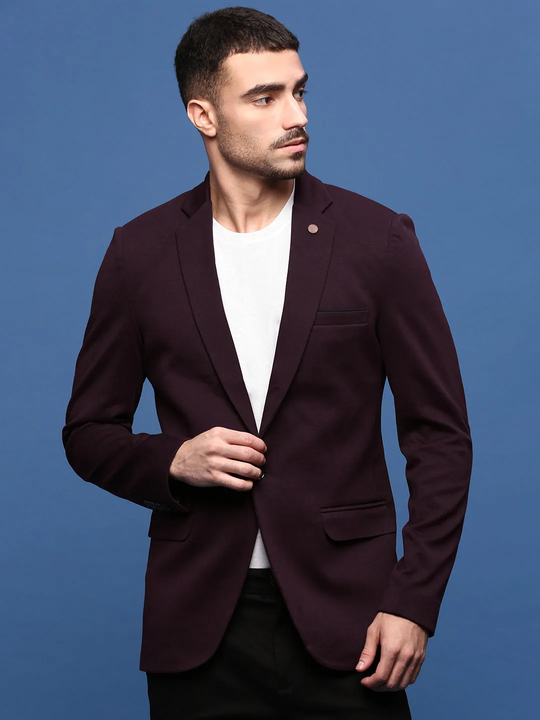 Men Purple Slim Fit Single Breasted Blazer