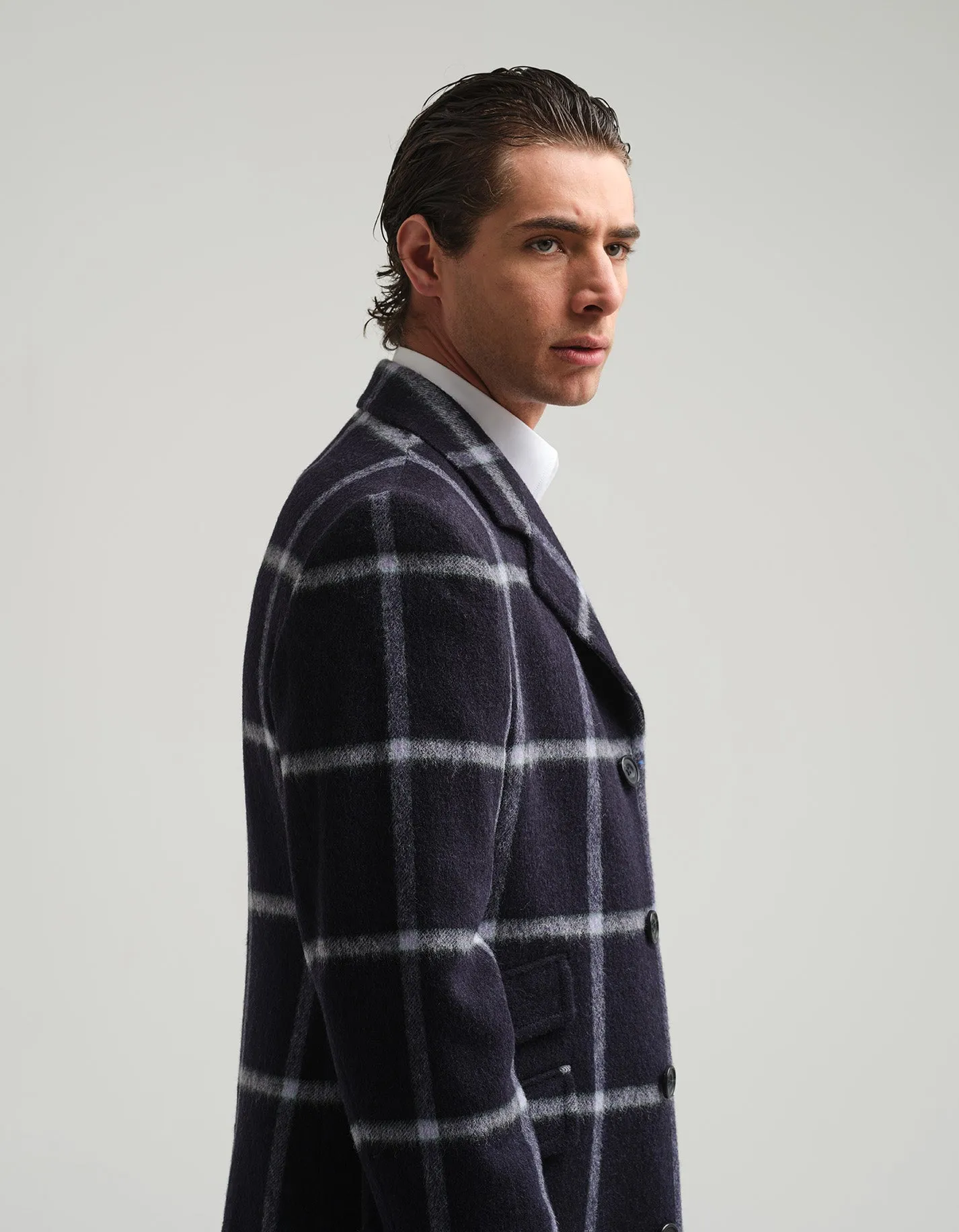 Navy Check Covert Coat