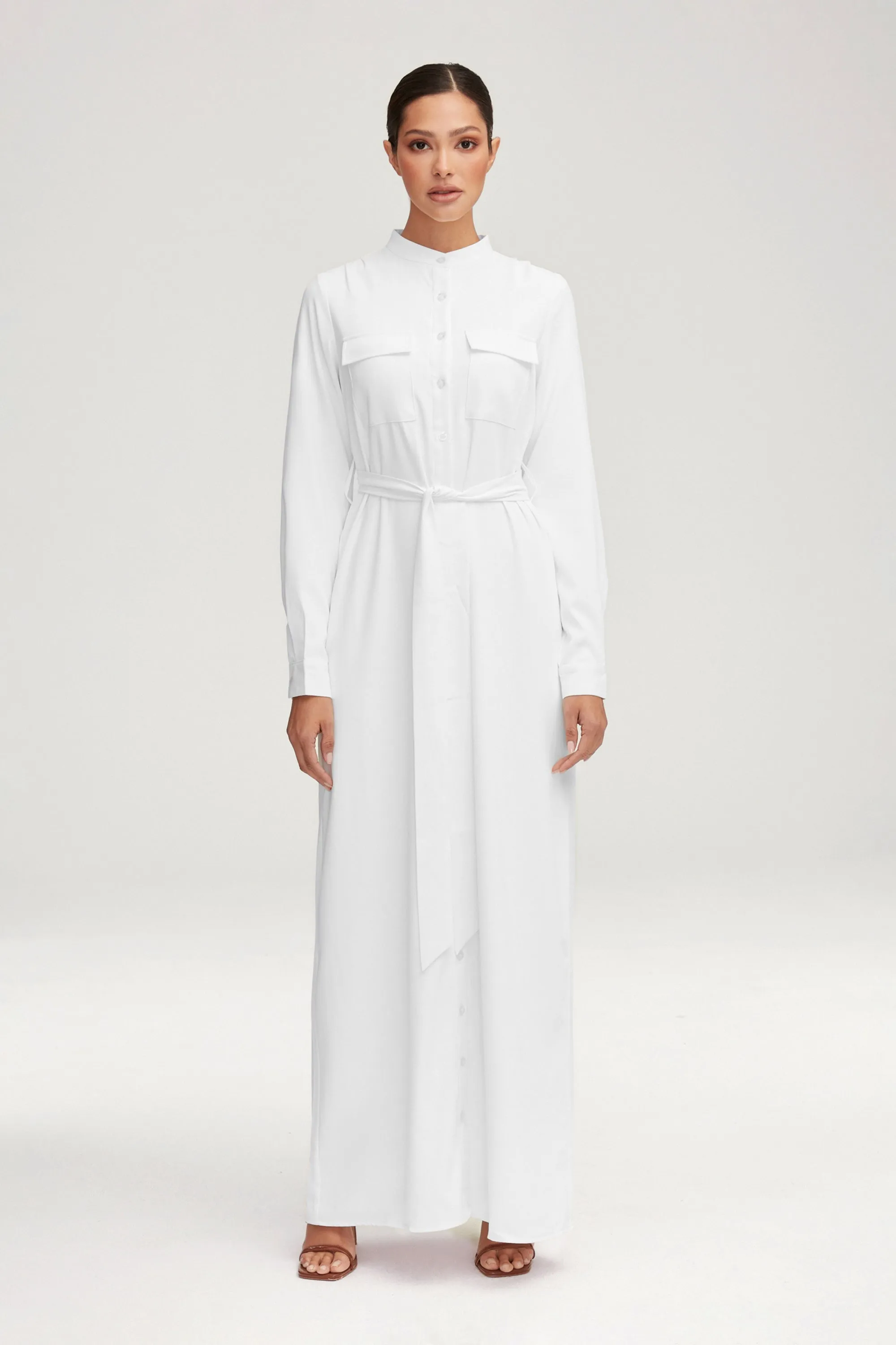 Olivia Button Down Utility Maxi Dress - White