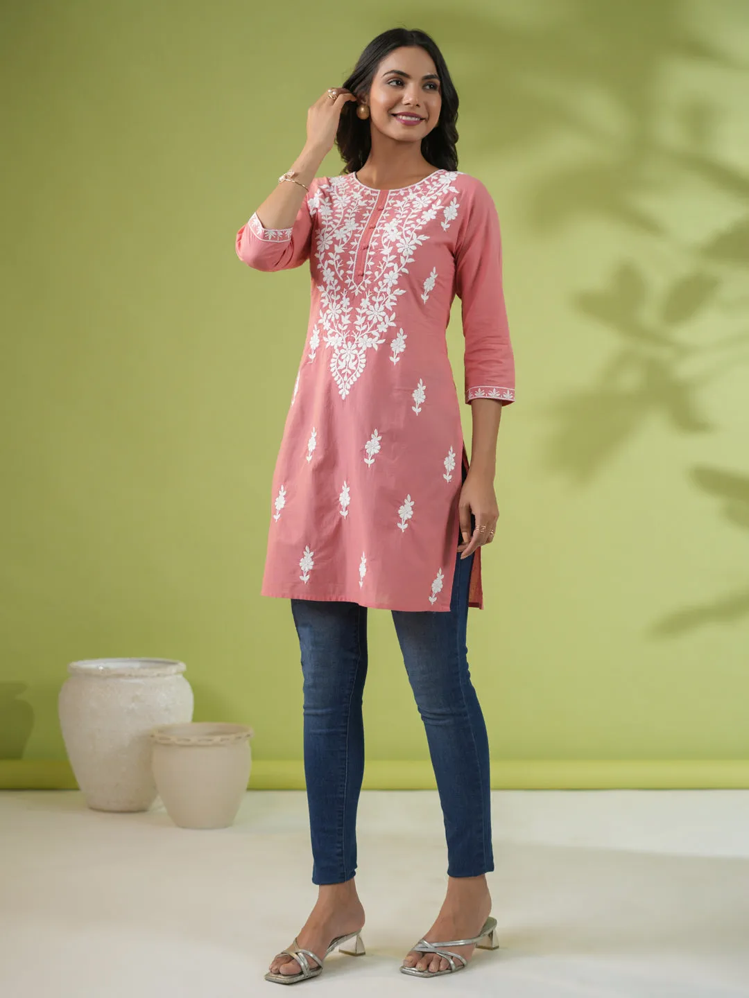 Peach Cotton Chikankari Tunic