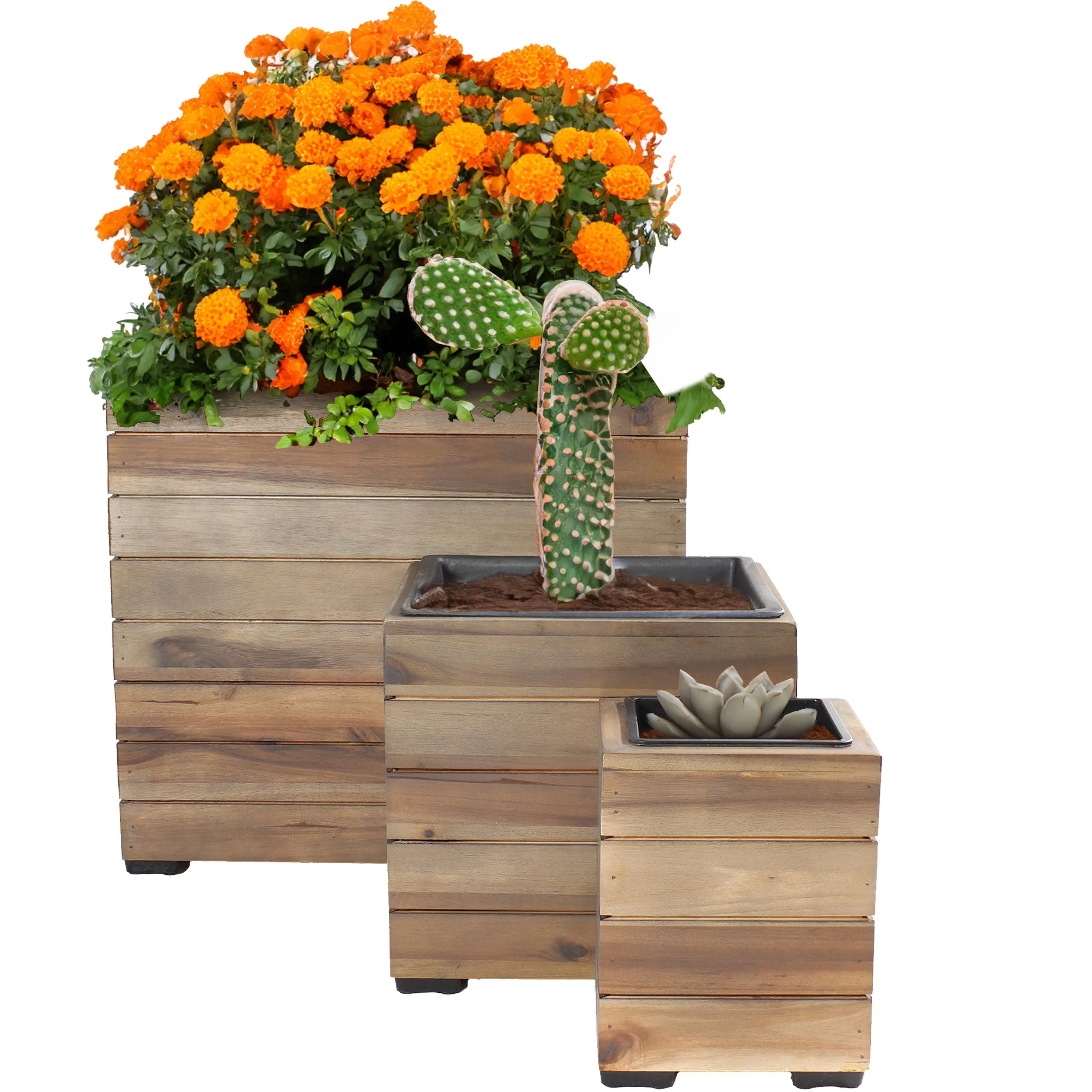 Sunnydaze 3-Piece Square Wooden Planter Boxes with Plastic Liners