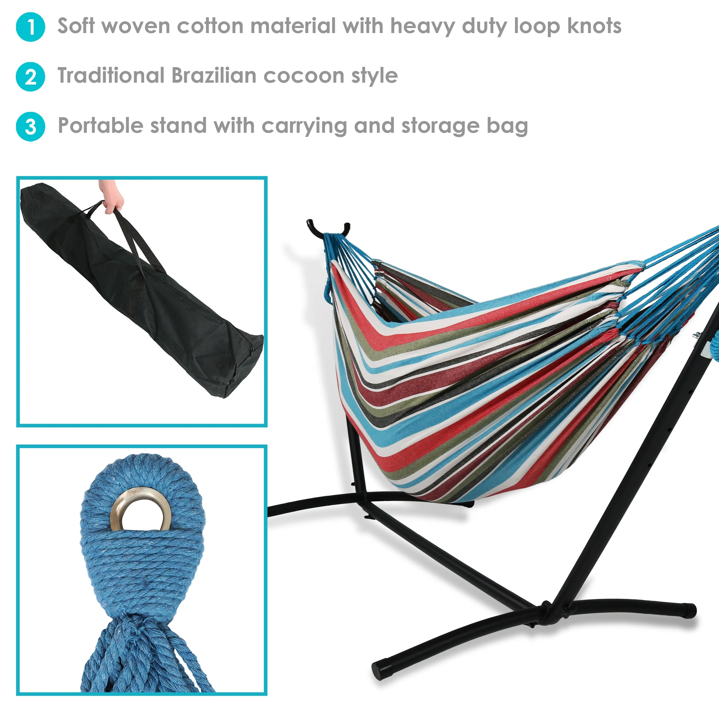 Sunnydaze Brazilian Double Hammock with Stand and Carrying Case